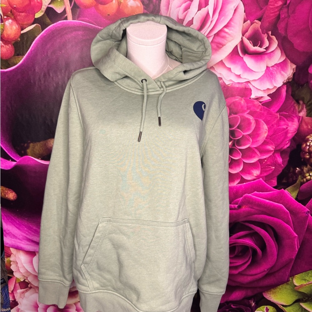 Carhartt Women's Olive Green Hoodie with Blue Heart